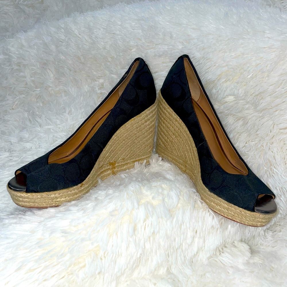 COACH Milan Signature Black Logo Espadrille Platform Wedges- Size 8